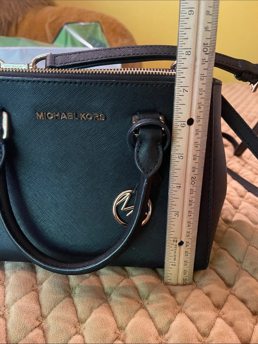 Michael Kors Black Saffiano Satchel with Gold MK Charm